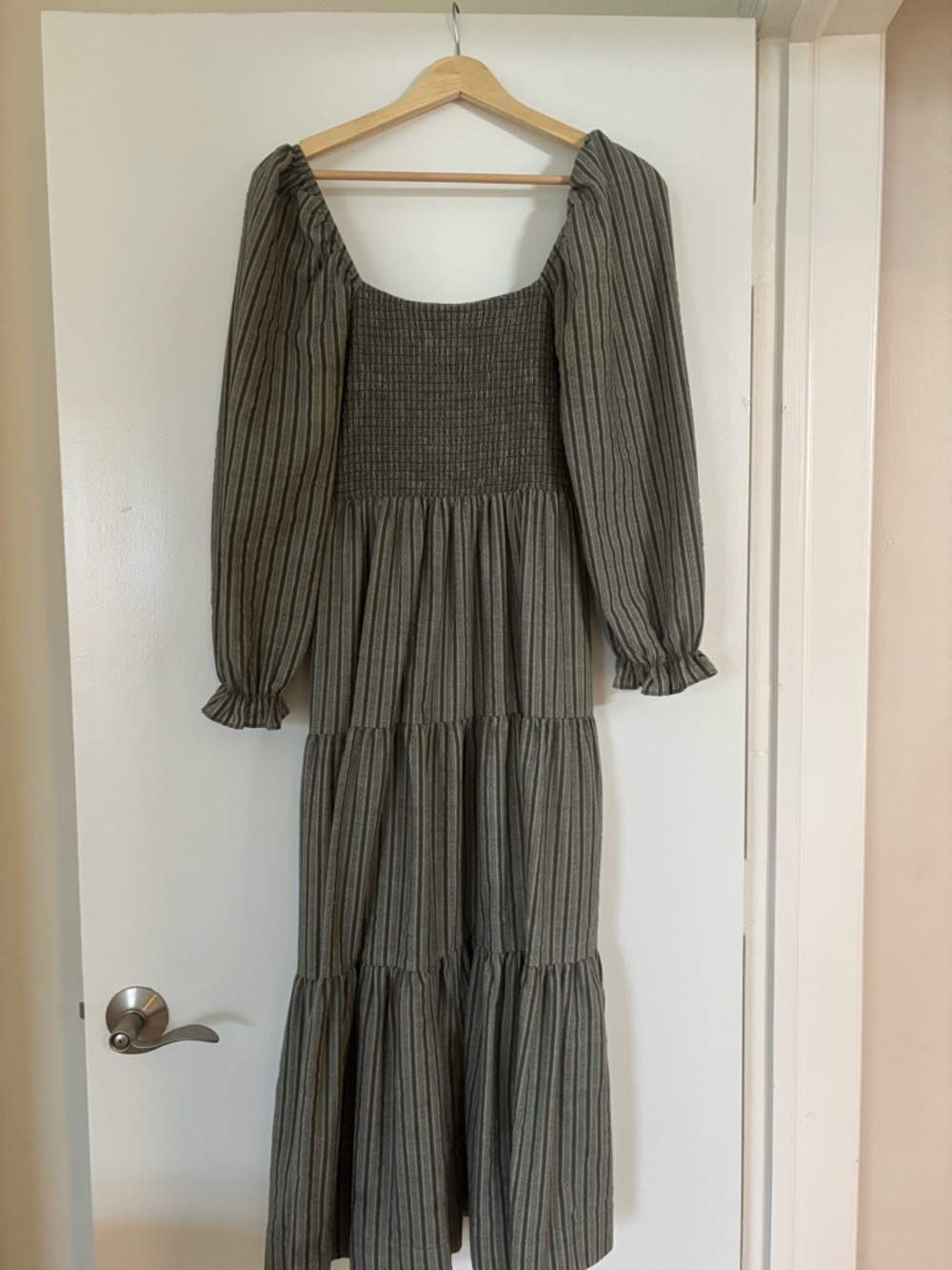 Neuflora Smocked Midi Dress with Puff Sleeves - Olive